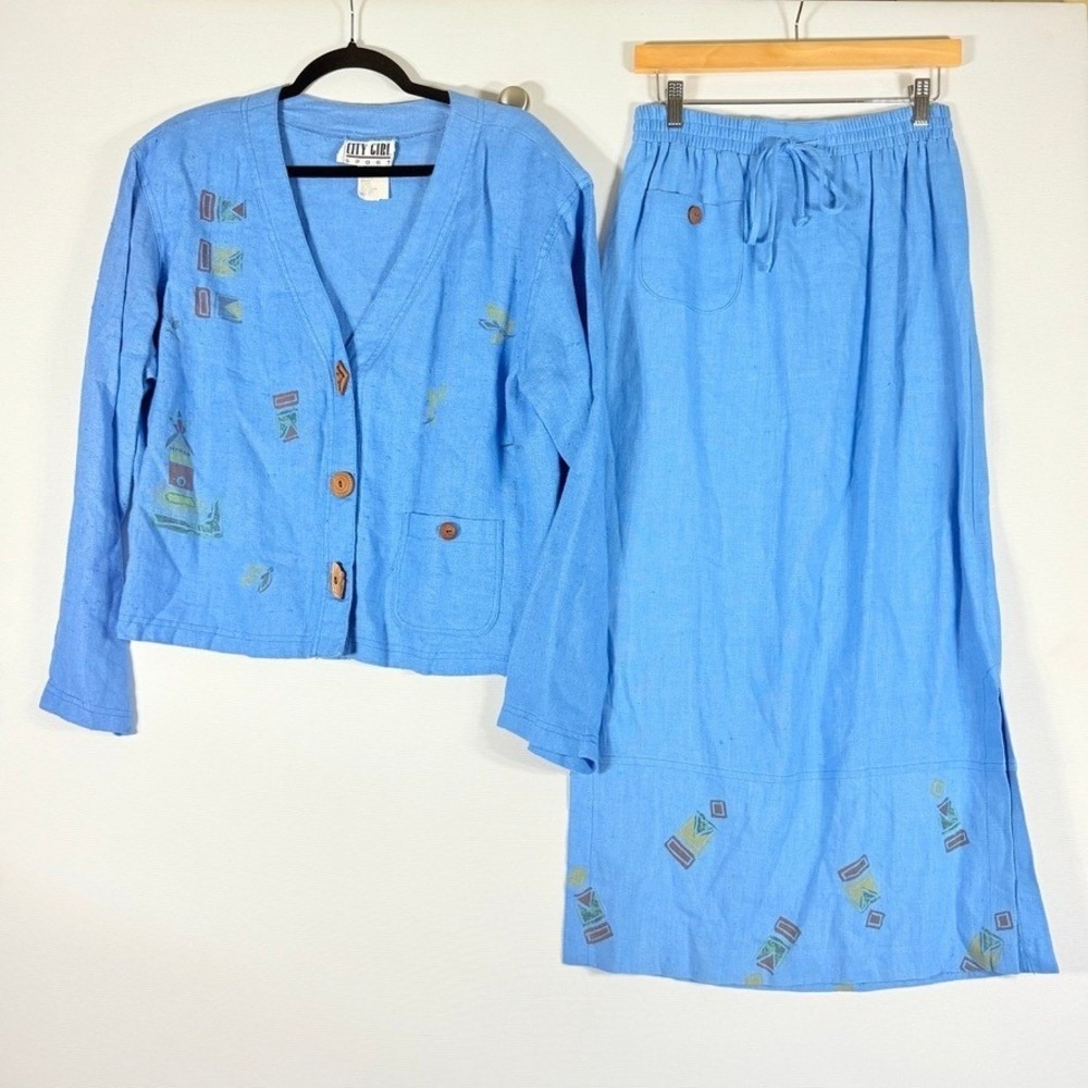 Vintage‎ City Girl Sport Medium Large Cardigan Skirt Set Artsy Boho Linen Blue